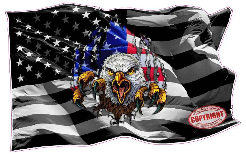 Black and white American flag decal with colorful eagle ripping through design