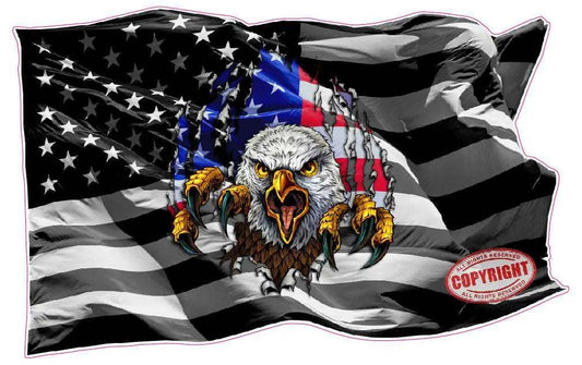 Black and white American flag decal with colorful eagle ripping through design