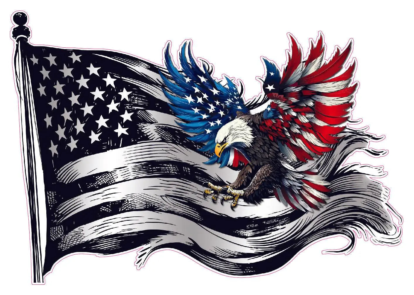 Worn American flag thin blue line decal with colorful bald eagle design.