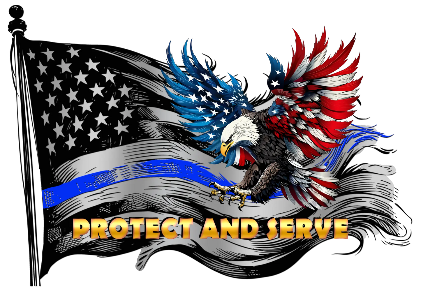 Patriotic bald eagle with worn American flag thin blue line decal.
