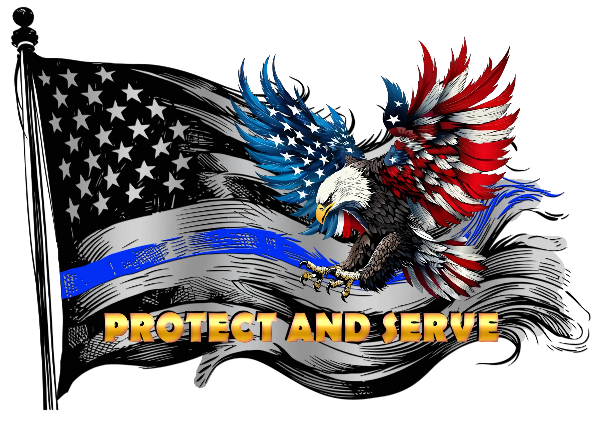Patriotic bald eagle with worn American flag thin blue line decal.