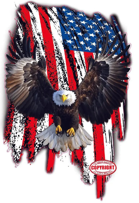 Brushed worn American flag decal with bald eagle wings.