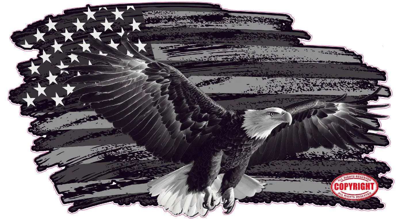 Black and white American flag decal with colored eagle design and patriotic theme