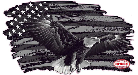 Black and white American flag decal with colored eagle design and patriotic theme