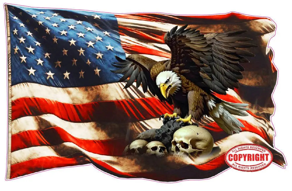 American flag with ghosted bald eagle and skulls decal design.