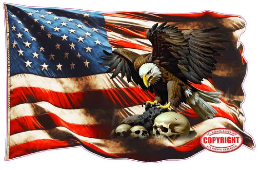 American flag with ghosted bald eagle and skulls decal design.