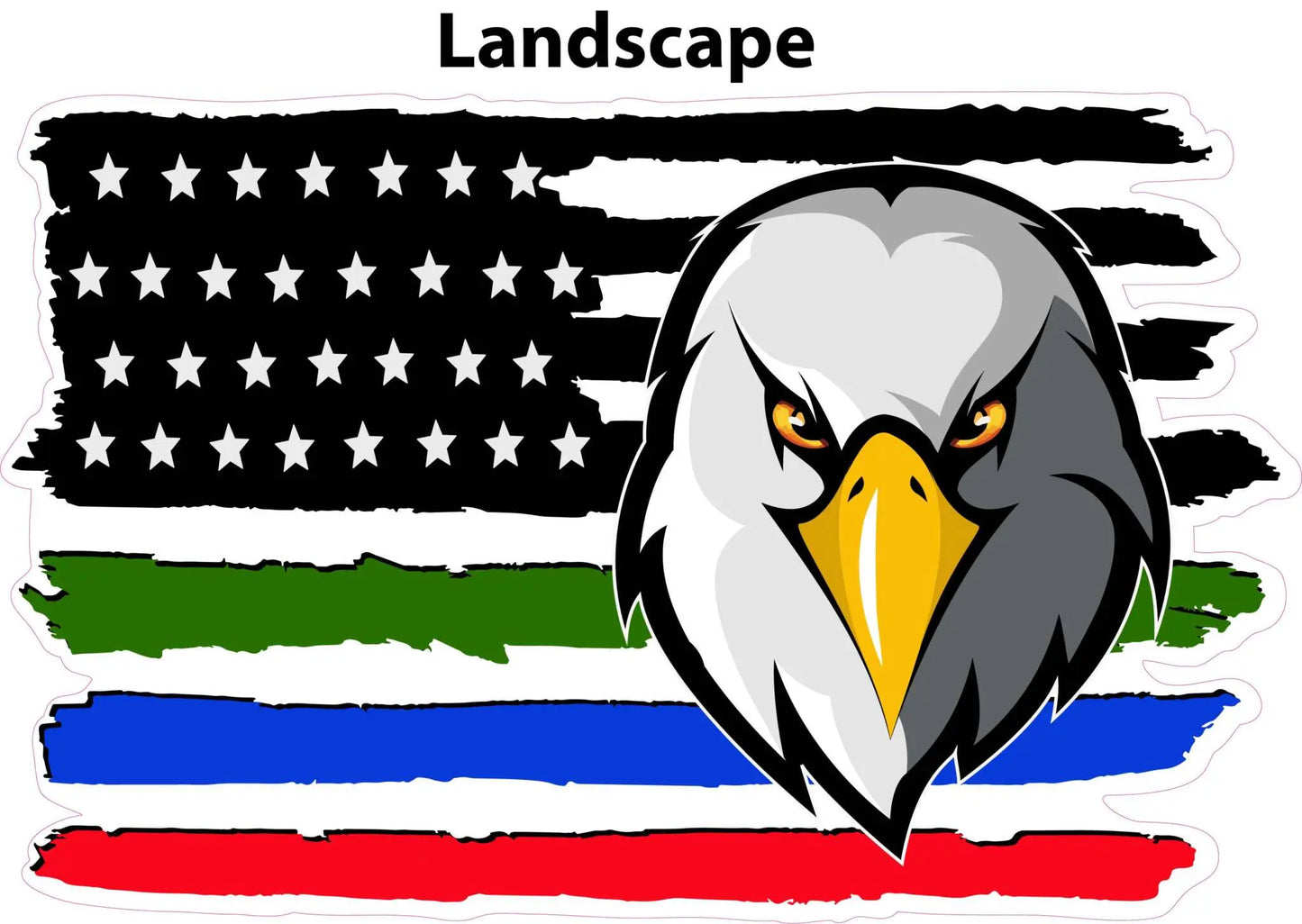 Black Worn American Flag eaglehead decal with first responders theme, featuring a bald eagle and stripes in green, blue, and red.