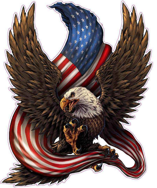 American Bald Eagle American Flag Decal with eagle spreading wings and flowing US flag background