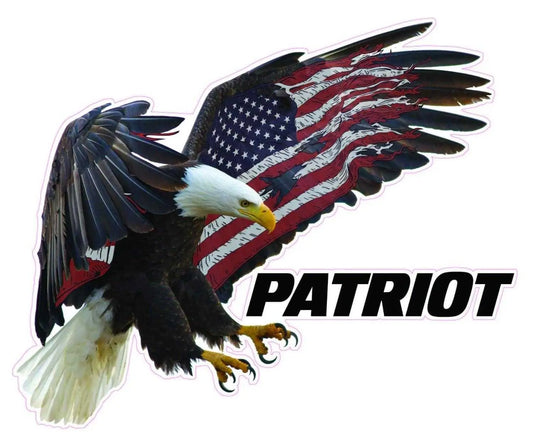 American Eagle Patriot Decal featuring eagle with American flag wings and "Patriot" text.
