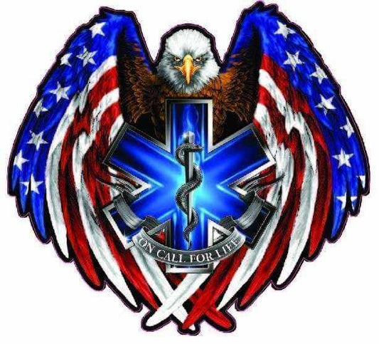 American flag American eagle with EMT star of life and on call for life banner decal