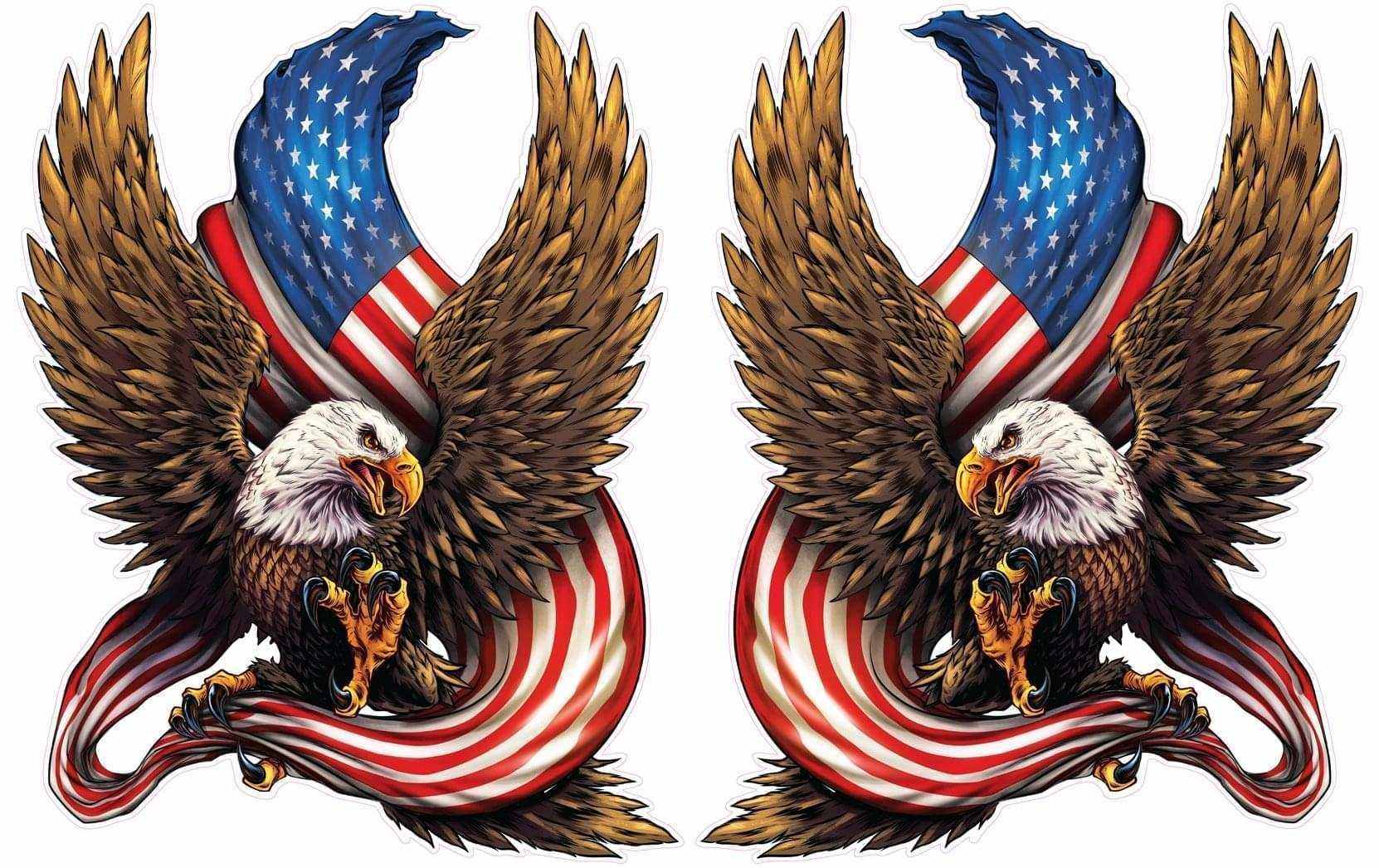 Pair of American Bald Eagle decals with U.S. flag background and outstretched wings