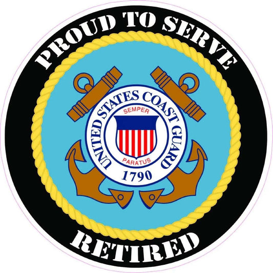 Coast Guard Retired Decal with emblem and "Proud to Serve" text in blue, black, and gold colors