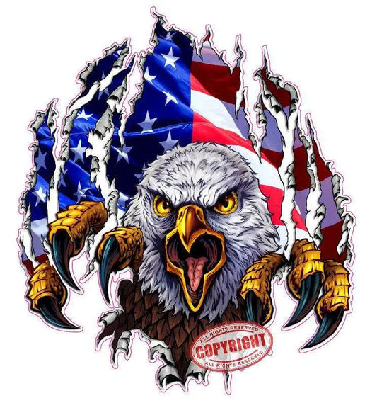 Eagle ripping through American flag decal sticker with fierce eagle and bold colors
