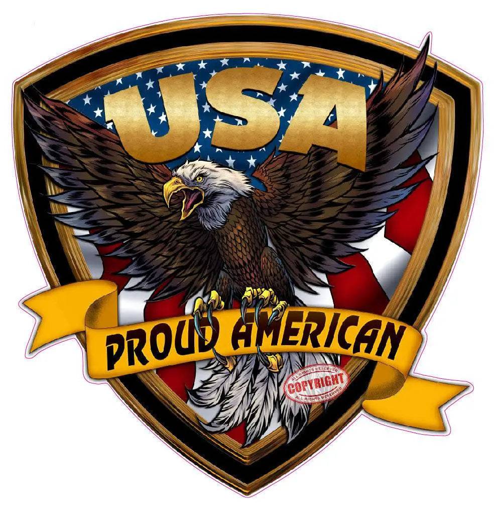 USA American flag crest with bald eagle and proud American banner decal sticker