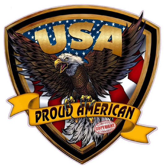 USA American flag crest with bald eagle and proud American banner decal sticker