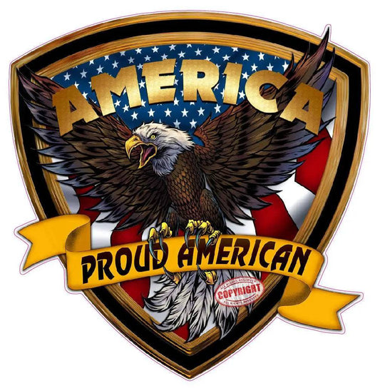 American flag crest with bald eagle and proud American decal sticker