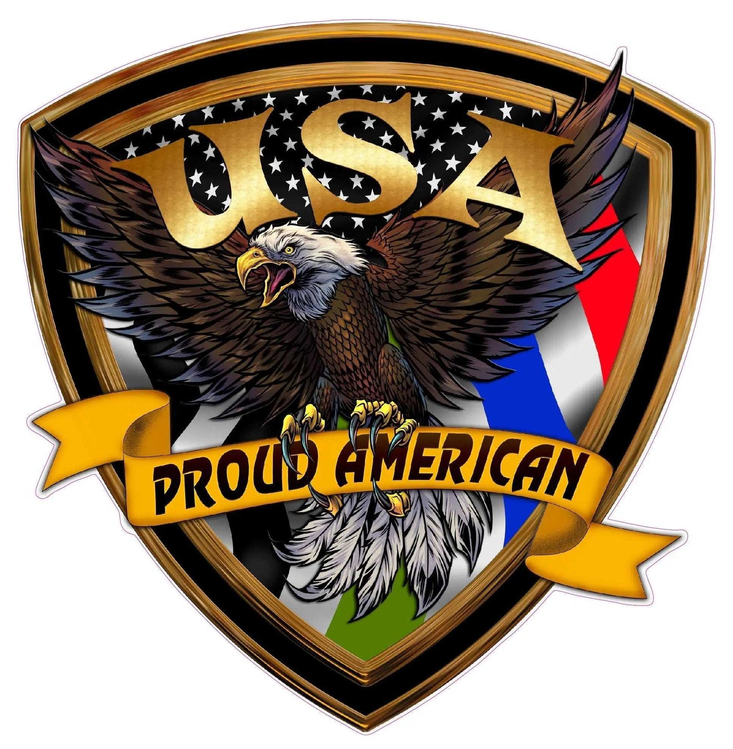 American flag eagle with USA crest and proud American banner decal