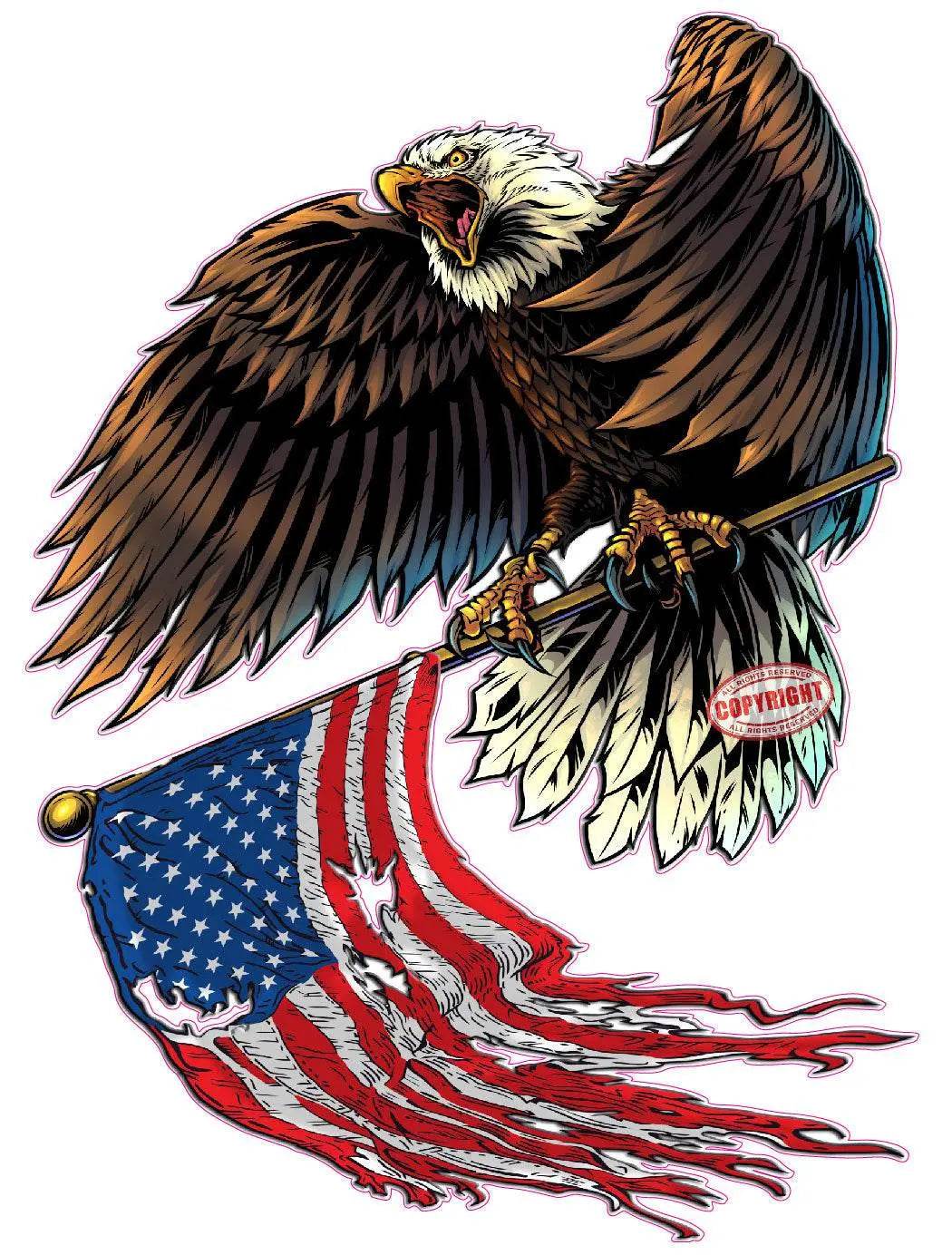 Eagle with flag pole holding worn American flag decal sticker