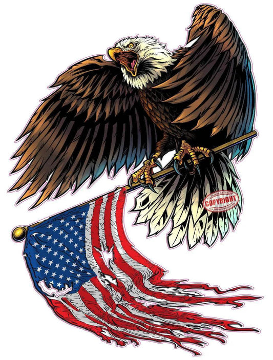 Eagle with flag pole holding worn American flag decal sticker