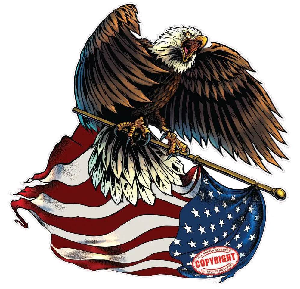 Eagle with flag pole holding American flag decal sticker symbolizing patriotism and freedom