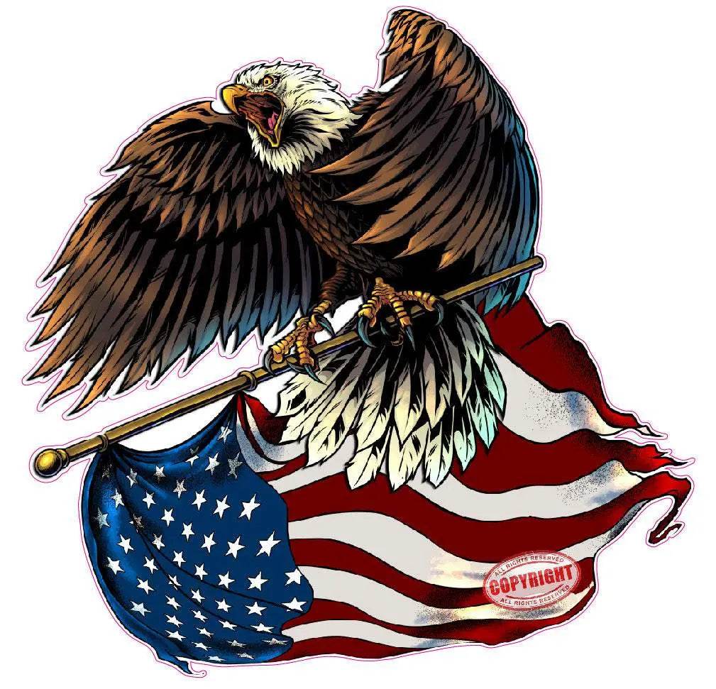 Eagle with flag pole holding American flag decal sticker design