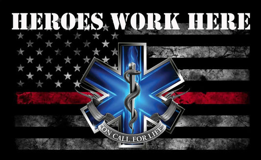 First Responders Heroes Work Here decal with American flag and medical symbol background
