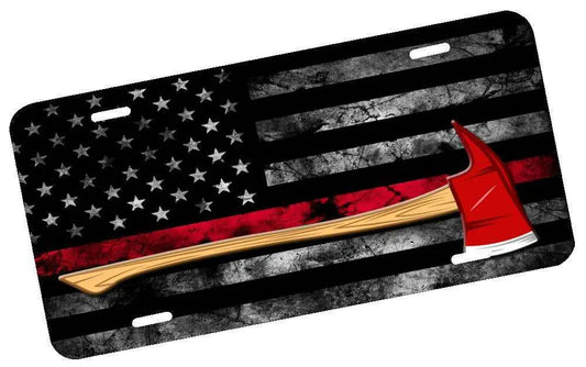 First responders subdued American flag license plate with red ax and thin red line design