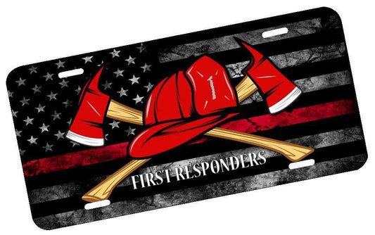 First Responders subdued American flag license plate with firefighter helmet and axes