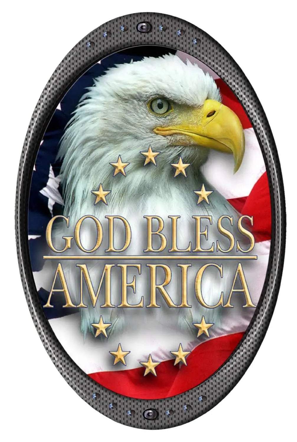 God Bless America eagle head decal with American flag background and gold stars