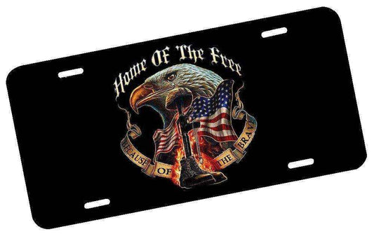 Home of the Free Because of the Brave License Plate with eagle, American flag, and military tribute design