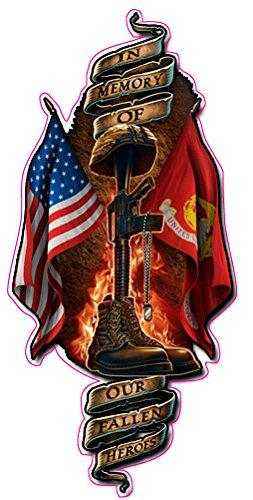 Home of the Free Because of the Brave V2 Decal featuring fallen soldier tribute with American and Marine flags against flames background
