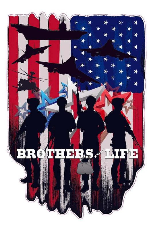 Brothers for Life Military Decal with American flag, soldiers silhouette, and military aircraft design