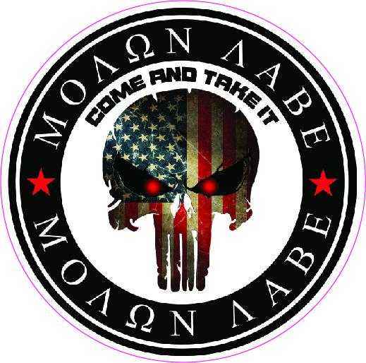 Molon Labe Come and take it Skull Decal with American flag design and red eyes in black circular border