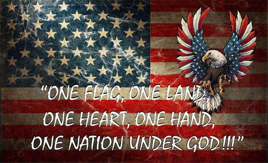 American flag with patriotic quote and bald eagle decal in red, white, and blue