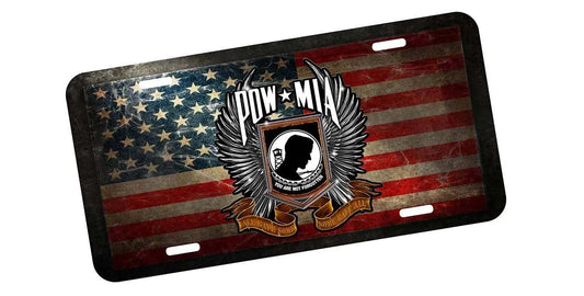 POW License Plate with American flag background and patriotic emblem