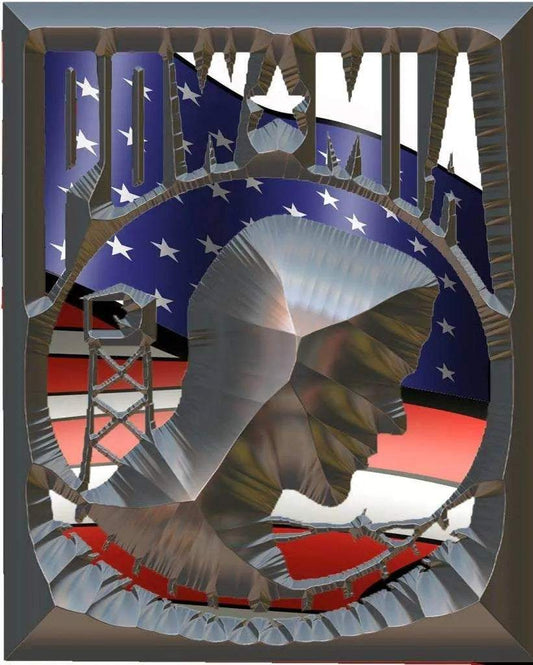 POW MIA chiseled metal decal with soldier profile and American flag background
