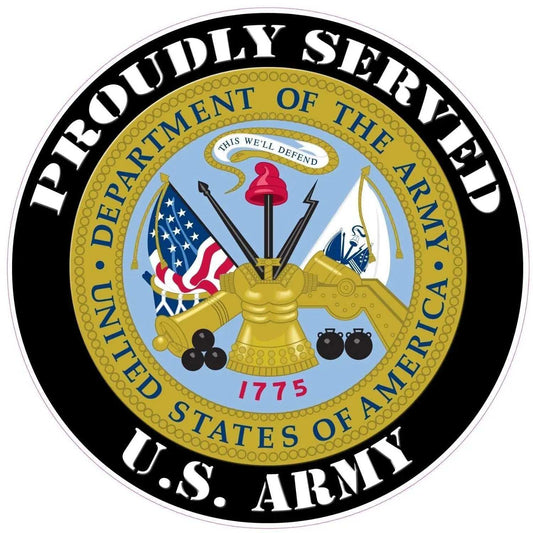 Proudly Served U.S. Army decal with Department of the Army emblem and black border.