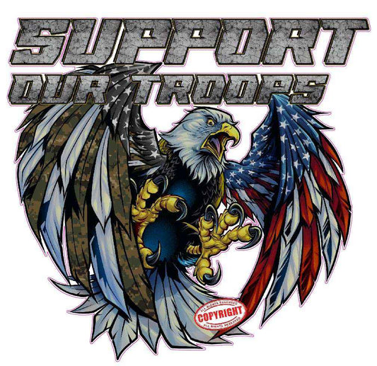 Screaming American Flag Bald Eagle decal with Support Our Troops text and patriotic design