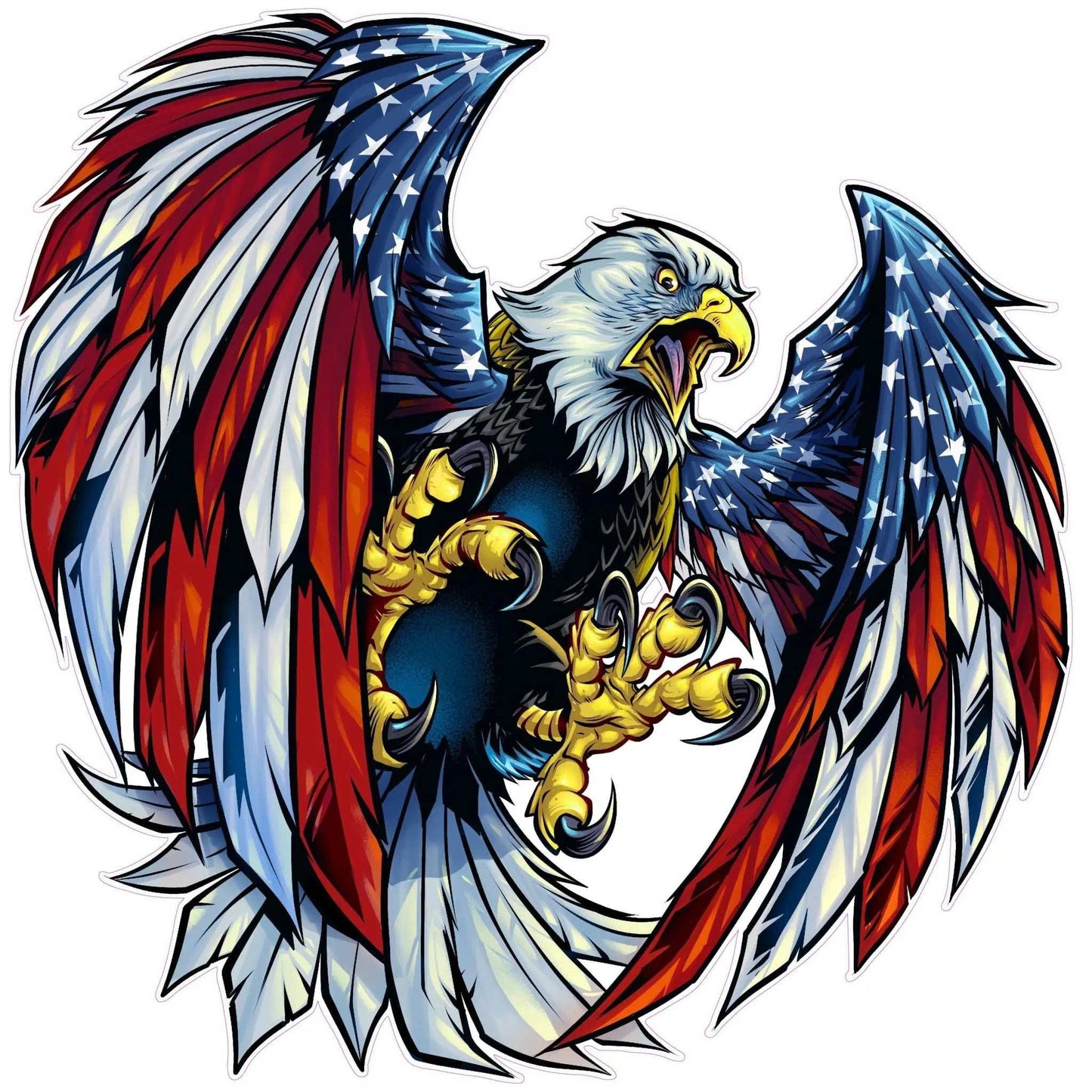 Screaming American Flag bald eagle decal with wings in American flag colors and stars design