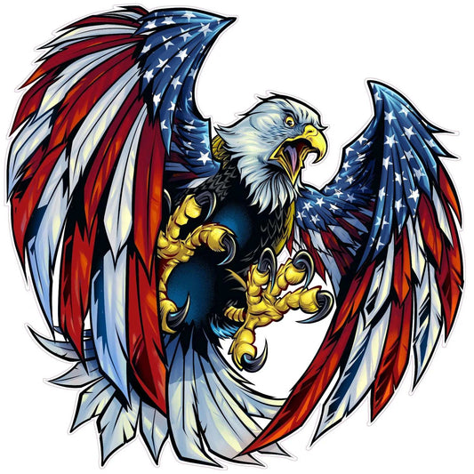 Screaming American Flag bald eagle decal with wings in American flag colors and stars design