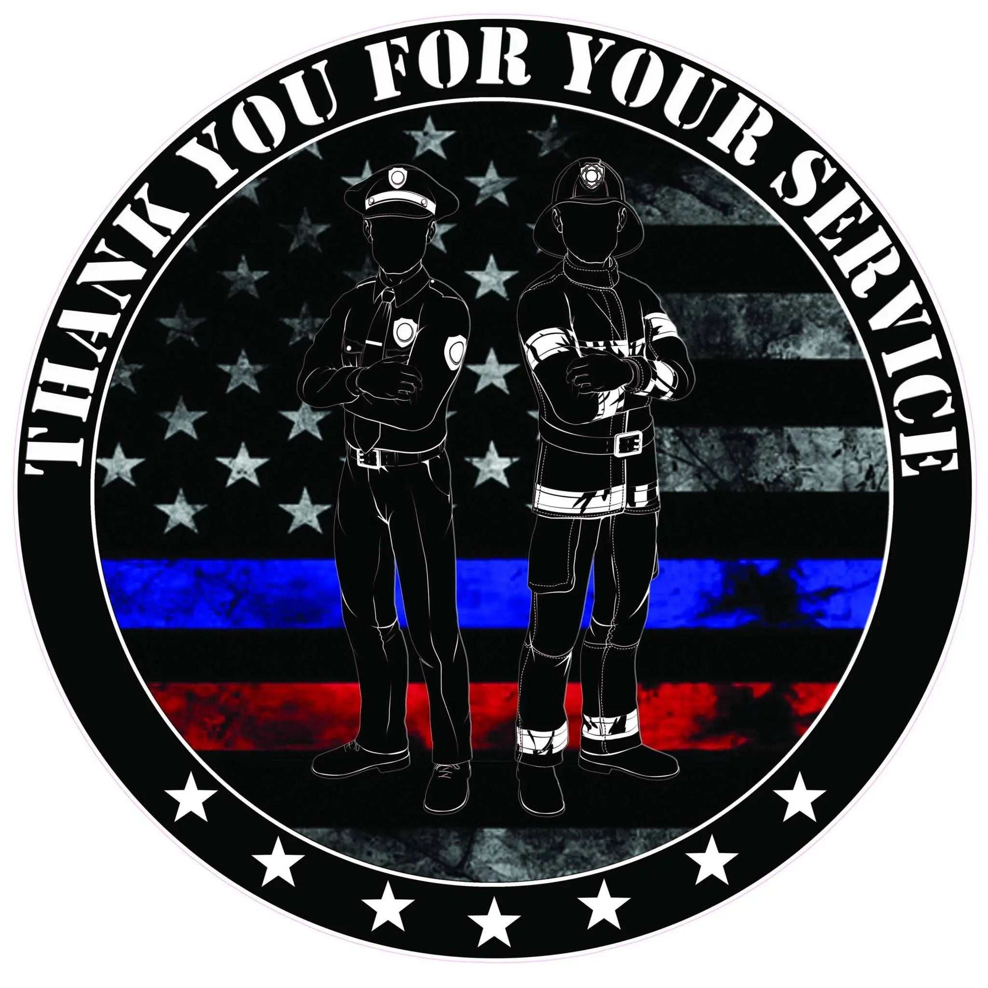 Round decal with police officer and firefighter silhouettes, thin blue and red lines, and text "Thank You For Your Service" honoring law and first responders