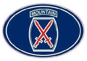 U.S. Army 10th Mountain Division oval decal with crossed swords emblem on blue background