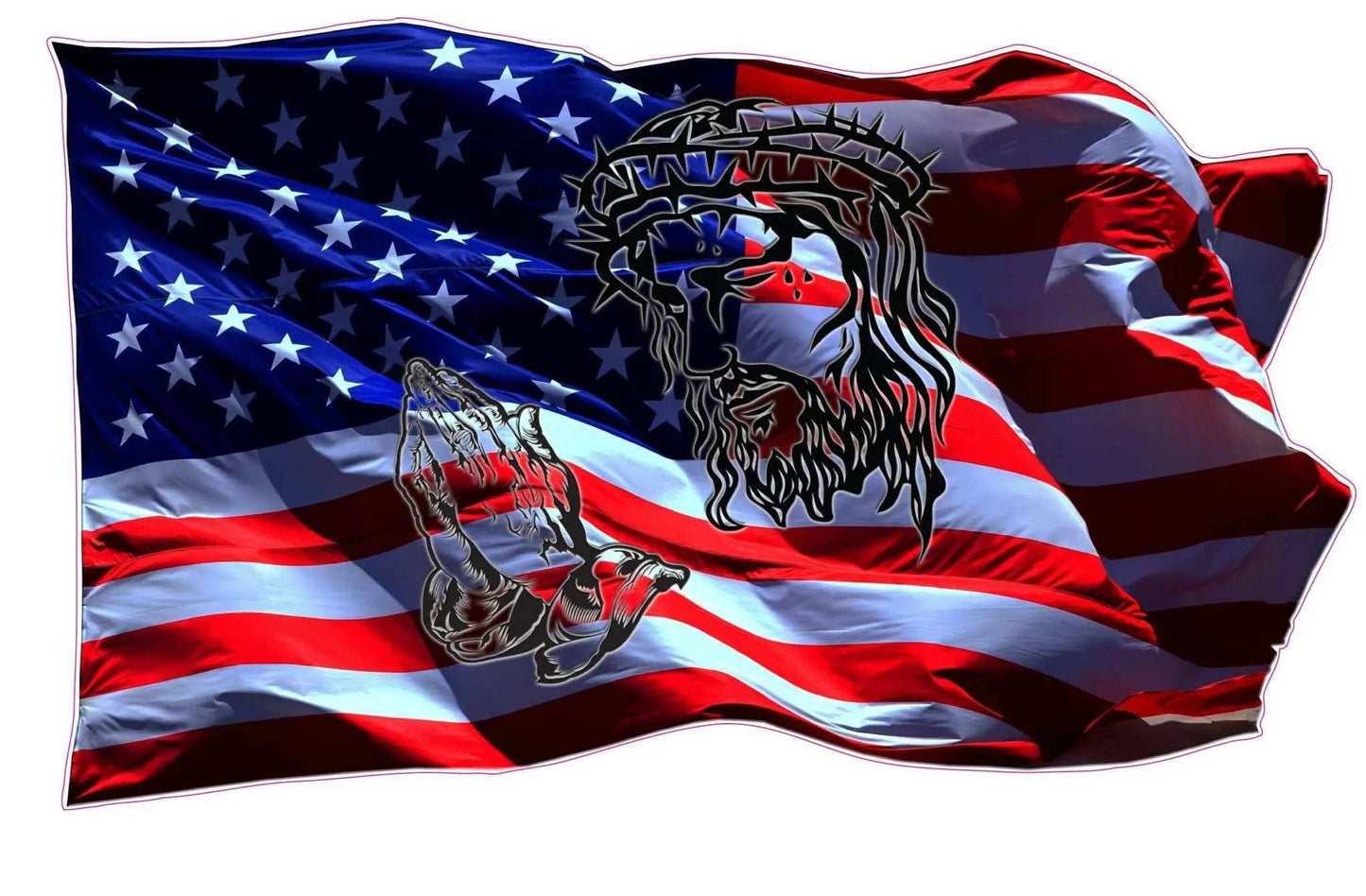 United States flag decal with praying hands and Jesus face illustration
