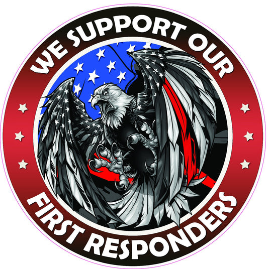 We Support our Thin Red Line First Responders American Flag Eagle Decal - American flag stickers, American Punisher Waving Thin Blue Line Decal, automotive decals, automotive stickers, decals, first responders, first responders decals, first responders flag, First responders Law Enforcement decals, first responders stickers, law enforcement, police decal, police skull, Punisher decal, Punisher sticker, thin blue line, Thin Blue Line Decal, vehicle decals, Vehicle stickers, we support, window dec