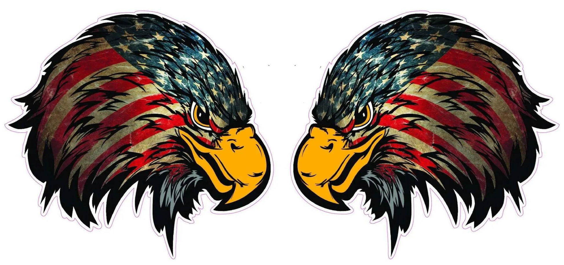 Weathered American flag eagle head decal pair with bold yellow beak and fierce eyes