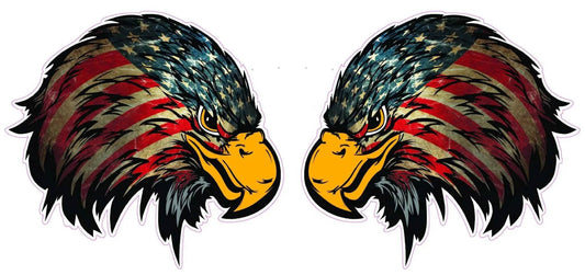 Weathered American flag eagle head decal pair with bold yellow beak and fierce eyes