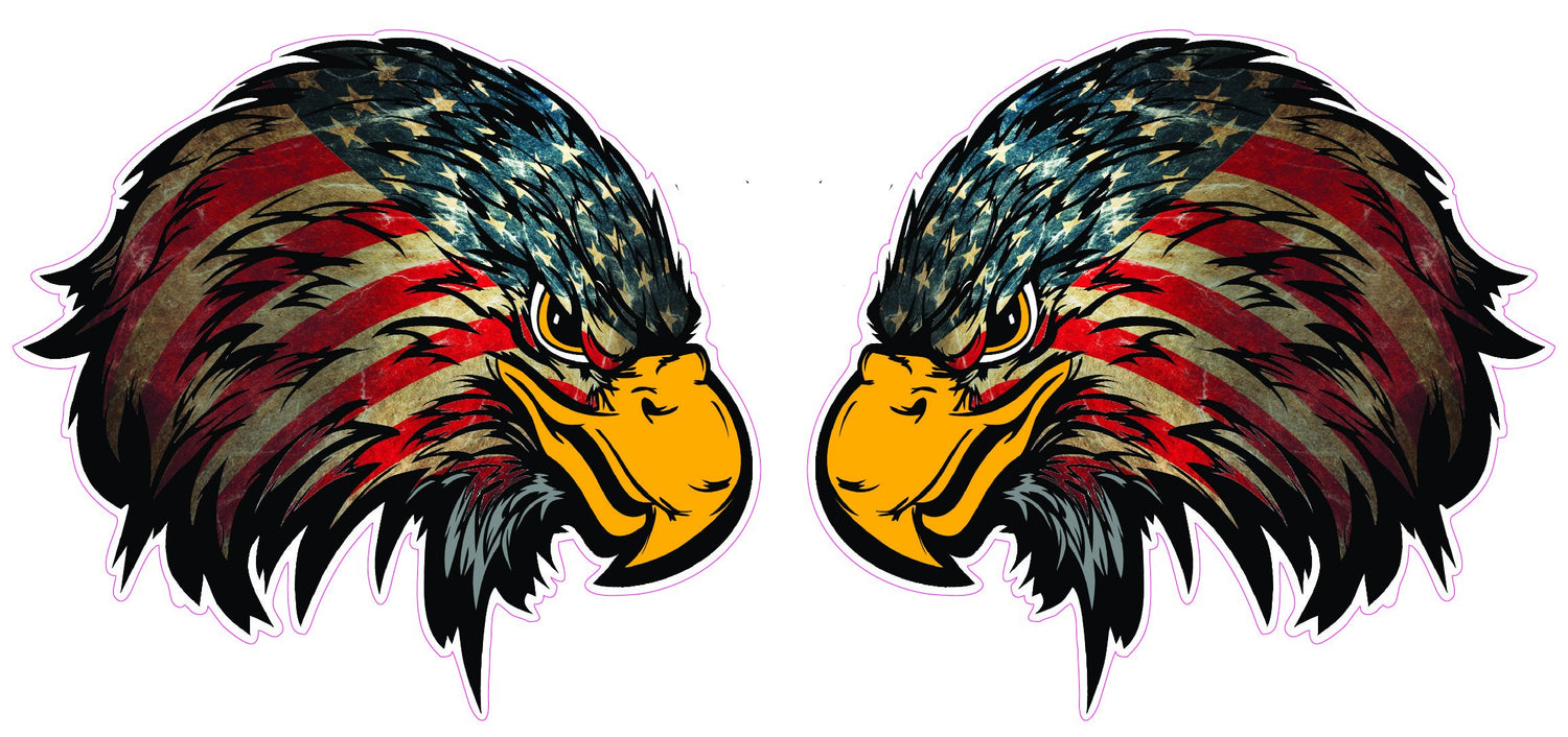 Weathered American Flag Eagle Head Version 2 Pair 4" Decal - American bald eagle decal, American eagle, American eagle decal, American flag bald eagle, American flag eagle decals, American flag stickers, automotive decals, automotive stickers, eagle decals, Eagle Head American Flag Decal, eagle sticker, eagle with flag, out door stickers, patriot eagle, window decal, window stickers | American Patriots Decals | High Quality American Flag and Bald Eagle Die-Cut Decals