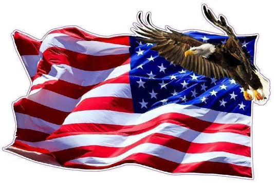 American flag decal with soaring bald eagle flying left, patriotic USA symbol