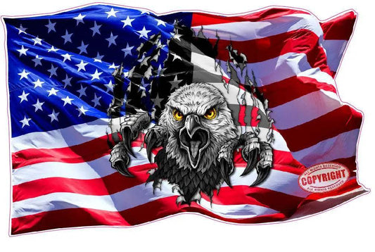 American flag colored with black and white eagle ripping through decal