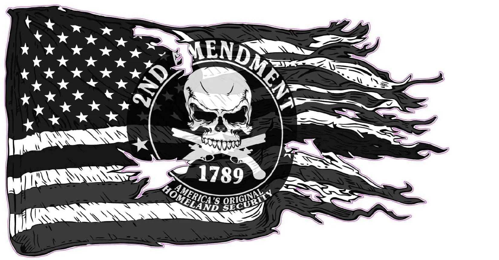 American Ripped Flag decal with 2nd Amendment skull and crossed rifles design